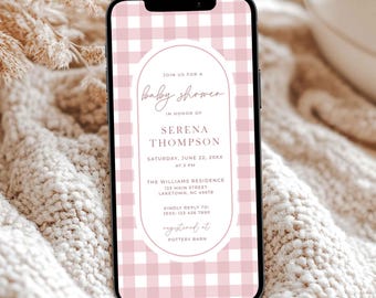 Invitación electrónica para baby shower de cuadros vichy rosas, invitación digital clásica para baby shower de niña de cuadros vichy rosas, baby shower sencillo a cuadros rosas Evite GA1