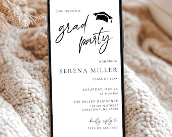 Minimalist Grad Party Invitation for Phone, Modern Electronic Graduation Party Invite, Editable Classic Graduation Evite Template, TP1
