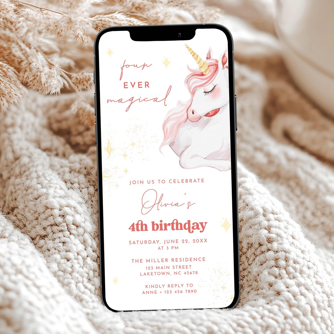 Four Ever Magical 4th Birthday Unicorn Party Invite for Phone, Unicorn ...