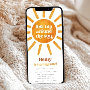 First Trip Around the Sun First Birthday Invitation, 1st Trip Around the Sun Birthday Evite, Boho Digital 1st Trip Around the Sun Invite SN1