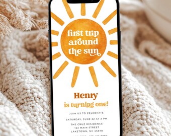 First Trip Around the Sun First Birthday Invitation, 1st Trip Around the Sun Birthday Evite, Boho Digital 1st Trip Around the Sun Invite SN1