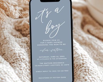 Dusty Blue Baby Shower Invitation for Phone, Digital Boy Baby Shower Invite, Blue It's a Boy Baby Shower Evite Editable Template, SC1
