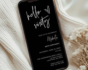 Black 60th Birthday Invitation, Minimalist 60th Birthday Party Invite, Modern 60th Birthday Evite, Editable Birthday Invitation Template MC6