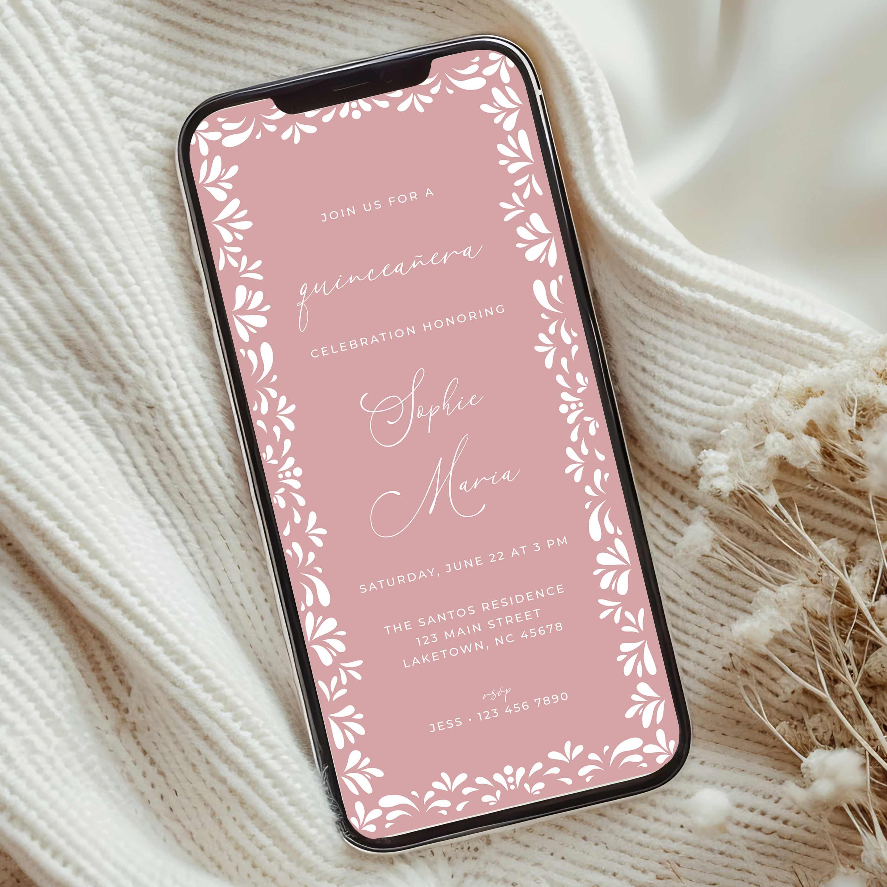 Dusty Pink Talavera Quinceañera Invitation for Phone, Pink Mexican