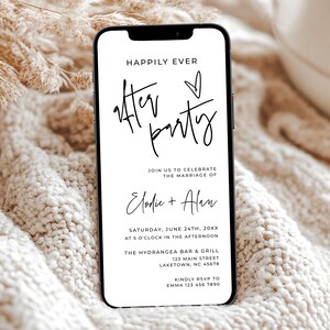 May include: A smartphone displays a digital wedding invitation. The invitation reads "Happily Ever After Party" in a handwritten font, with the names Elodie and Alan. Details include the date, time, and location: The Hydrangea Bar & Grill.