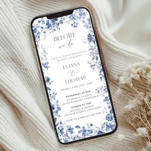 Blue Toile Rehearsal Dinner Invitation for Phone, Toile de Jouy Dinner Invite Template, Blue The Night Before Wedding Rehearsal Evite, TI2