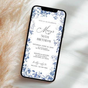 French Toile 50th Birthday Invite for Phone, Floral Blue Toile de Jouy Birthday Invitation, Vintage Elegant Chinoiserie Birthday Evite, TI2