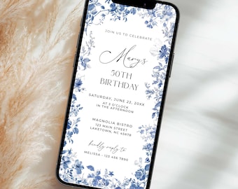 French Toile 50th Birthday Invite for Phone, Floral Blue Toile de Jouy Birthday Invitation, Vintage Elegant Chinoiserie Birthday Evite, TI2