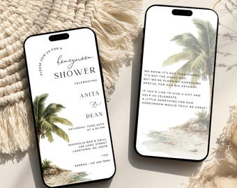 Palm Tree Honeymoon Shower Digital Invitation, Beach Wedding Shower Electronic Invite, Editable Mobile Phone Tropical Elopement Invite
