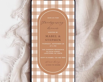 Braune Gingham Thanksgiving-Einladung Digital, Thanksgiving-Dinner-Party Einladung Vorlage, Modernes Friendsgiving Dinner Evite, Türkei Tag