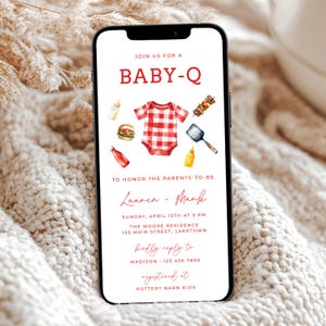 May include: A digital invitation for a baby shower with a red and white gingham onesie, a hamburger, a bottle of milk, a bottle of ketchup, a spatula, a bottle of mustard, and a skewer of grilled food. The text reads "Join us for a Baby-Q to honour the parents-to-be Lauren & Mark Sunday, April 15th at 3 PM The Moore Residence 123 Main Street, Laketown kindly reply to Madison 123 456 7890 registered at Pottery Barn Kids"
