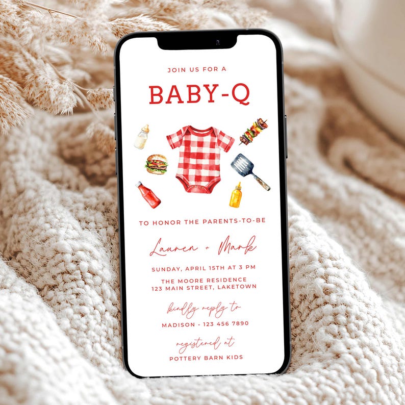 May include: A digital invitation for a baby shower with a red and white gingham onesie, a hamburger, a bottle of milk, a bottle of ketchup, a spatula, a bottle of mustard, and a skewer of grilled food. The text reads "Join us for a Baby-Q to honour the parents-to-be Lauren & Mark Sunday, April 15th at 3 PM The Moore Residence 123 Main Street, Laketown kindly reply to Madison 123 456 7890 registered at Pottery Barn Kids"