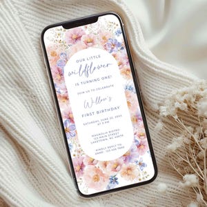 Wildflower First Birthday Invitation for Phone, Wildflower Electronic 1st Birthday Invitation, Pink Wildflower Birthday Evite Girl, EF3
