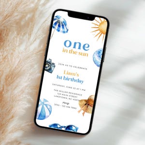 Boy One in the Sun First Birthday Invitation for Phone, Blue Summer Pool Party 1st Birthday Invite, Boy 1st Birthday Beach Party Evite, SP1