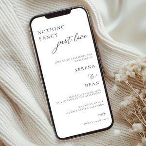 Invito elettronico moderno per cerimonia intima, modello digitale per invito di nozze intimo, invito micro per matrimonio Nothing Fancy Just Love, OM3