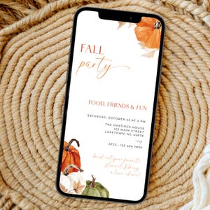 May include: A smartphone shows a fall party invitation with watercolour pumpkins in orange, white, and green. The text reads "Fall Party," "Food, Friends & Fun," and event details. The background has a woven texture.