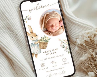 Anuncio de conejito recién nacido con foto, anuncio de nacimiento de niña, mensaje de texto digital de conejito de Pascua con flores silvestres, ES1