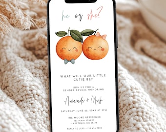 Little Cutie Gender Reveal Invitation for Phone, Tropical Orange Gender Reveal Invite Template, Clementine Cutie He or She Evite Boy or Girl