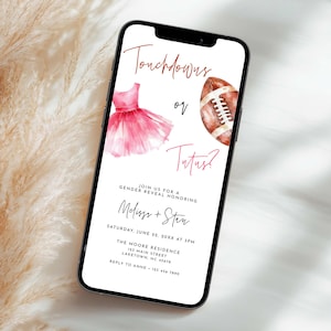 Touchdowns oder Tutus Gender Reveal Invite, Fußball oder Tutus Digitale Einladung per Text, Touchdowns oder Tutus Gender Reveal Evite, Er oder Sie