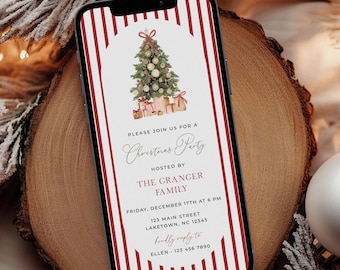 Peut inclure: Un écran de smartphone affichant une invitation à une fête de Noël avec des rayures verticales rouges et blanches, un sapin de Noël aquarelle avec des cadeaux, et le texte : Please join us for a Christmas Party hosted by The Granger Family, Friday, December 17th at 6 PM, 123 Main Street, Laketown, NC 12345, kindly reply to Ellen 123 456 7890.