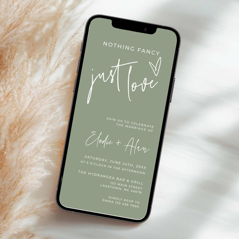 Digital Micro Wedding Invitation Template, Electronic Modern Sage Green ...
