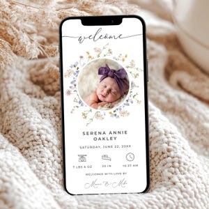 Faire-part nouveau-né numérique fleurs sauvages, faire-part de naissance minimaliste avec photo, modèle de message texte pour faire-part de bébé floral, ME1