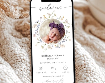 Digitale Wildblumen Neugeborenen Ankündigung, Minimalistische Geburtsankündigung mit Foto, Floral Baby Ankündigung Text Nachricht Vorlage, ME1