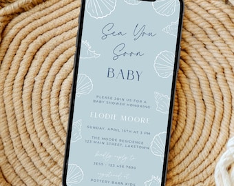Sea You Soon Baby Shower Invitation for Phone, Blue Coastal Summer Baby Shower Evite, Seashells Ocean Baby Shower Invite, Beach Baby, BB6