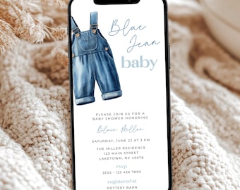 Blue Jean Baby Shower Evite for Boy, Cowboy Rustic Baby Shower Text Invite Template, Digital Western Denim Boy Baby Shower Phone Invitation