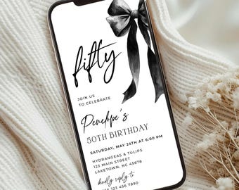 Black Bow 50th Birthday Invitation for Phone, Minimalist 50th Birthday Invite, Black Ribbon Coquette Birthday Party Evite Template, BW3