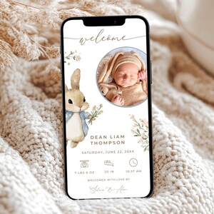 Faire-part nouveau-né lapin avec photo, faire-part de naissance garçon, modèle de texte numérique pour faire-part de naissance lapin de Pâques fleurs sauvages, ES1