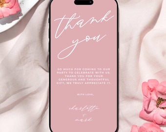 Nota de agradecimiento electrónica moderna en color rosa empolvado para teléfono, tarjeta electrónica de agradecimiento en color rosa, nota de agradecimiento digital para niña, descarga de plantilla editable, SC2