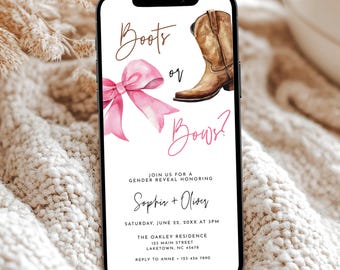 Einladungsvorlage für eine Gender-Reveal-Party mit Stiefeln oder Schleifen, digitale Einladung zur Gender-Reveal-Party mit Cowboy-Stiefeln oder Schleifen, Western-Baby-Gender-Reveal-Einladung