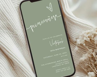 Sage Green Quinceañera Invitation Digital Template, Minimalist Quince Invitation for Phone, Simple 15th Birthday Evite, Mis Quince Evite MC2
