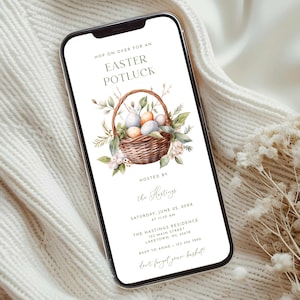 May include: A smartphone displays an Easter potluck invitation. The design features a watercolor illustration of a woven basket filled with colorful eggs and greenery. Text includes event details and the phrase "Hop on over for an Easter Potluck."