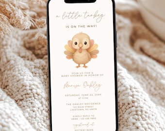 Invitación para baby shower de "Un pequeño pavo" para teléfono, "El pequeño pavo está en camino" de Evite, invitación para baby shower de Acción de Gracias de otoño por mensaje de texto