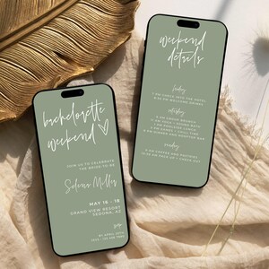 May include: Two smartphones with green screens displaying wedding weekend details. One phone reads "Bachelorette Weekend" with event details. The other phone shows the weekend itinerary, including brunch, yoga, and dinner.