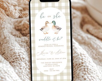 Waddle It Be Gender Reveal Invite for Phone, Mallard Duck Gender Reveal Invitation Electronic, Gingham Duck Hunting Gender Reveal Evite, MD2
