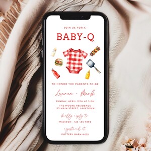 May include: A digital invitation for a baby shower with a red and white gingham baby onesie, a hamburger, a bottle of ketchup, a bottle of mustard, a spatula, and a skewer of grilled food. The text reads "Join us for a Baby-Q to honour the parents-to-be Lauren & Mark Sunday, April 15th at 3 PM The Moore Residence 123 Main Street, Laketown kindly reply to Madison 123 456 7890 registered at Pottery Barn Kids"