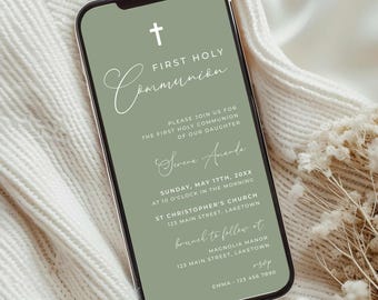 Sage Green First Holy Communion Invitation, Electronic Green Communion Invite Template, Minimalist 1st Communion Evite for Girl or Boy, SC5