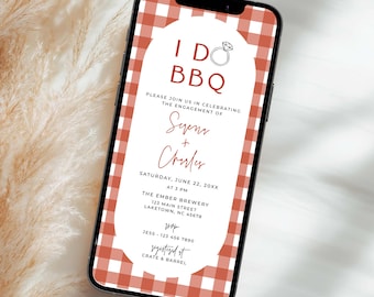 Invito alla festa di fidanzamento "I Do BBQ", invito a nozze informale "I Do Barbecue", modello di invito digitale di fidanzamento a tema barbecue a quadretti rossi