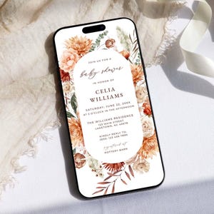 Fall Floral Baby Shower Invitation for Phone, Terracotta Boho Baby Shower Evite, Neutral Floral Shower Evite Editable Evite Template, WF4