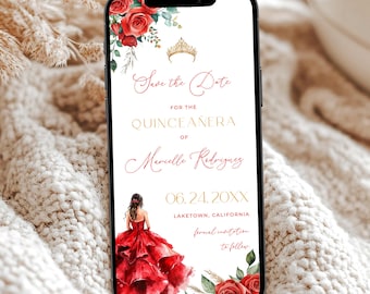 Red Roses Gold Quinceañera Save the Date Phone, Digital Princess Dress Mis XV Save the Date Template, Mis Quince Save the Date for Phone LR1