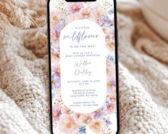 Electronic Baby Shower Invitation, Wildflower Digital Invitation Baby Shower, Wildflower Baby Shower Evite, Girl Editable Evite Template EF3
