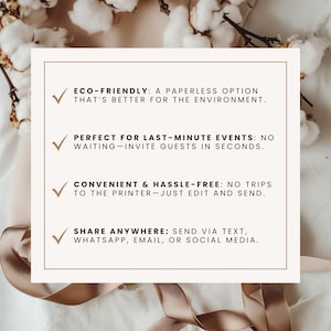 May include: A rectangular card with a light brown border features text in black font. The text includes: "Eco-friendly," "Perfect for last-minute events," "Convenient & hassle-free," and "Share anywhere." The background is a soft, neutral color with floral accents.