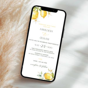 Lemon Wedding Invitation Template, Amalfi Summer Wedding Invite for Phone, Floral Citrus Wedding Invite, Italian Wedding Evite, FL1