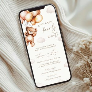 Invito baby shower orsetto marrone, invito baby shower "We Can Bearly Wait", invito baby shower con palloncini orsetto di genere neutro, TB3
