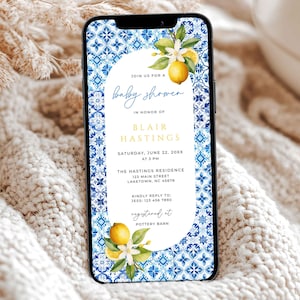 Digital Italian Lemon Theme Shower Invitation, Blue Tiles Positano Baby Shower Evite, Amalfi Coast Baby Shower Invite Template, MD1
