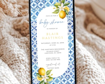 Digital Italian Lemon Theme Shower Invitation, Blue Tiles Positano Baby Shower Evite, Amalfi Coast Baby Shower Invite Template, MD1