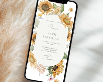 Sunflower 80th Birthday Invite for Phone, Summer 80th Birthday Invitation Editable Template, Garden Party 80th Birthday Evite for Woman, SF1